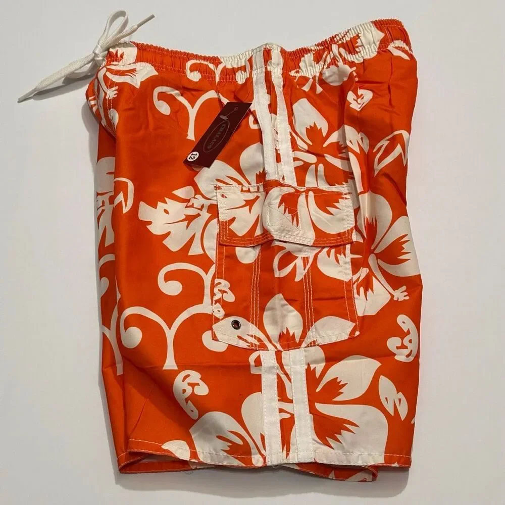 Chalaco Hibiscus Floral Swim Trunks Orange and White | Men Size 12/Medium